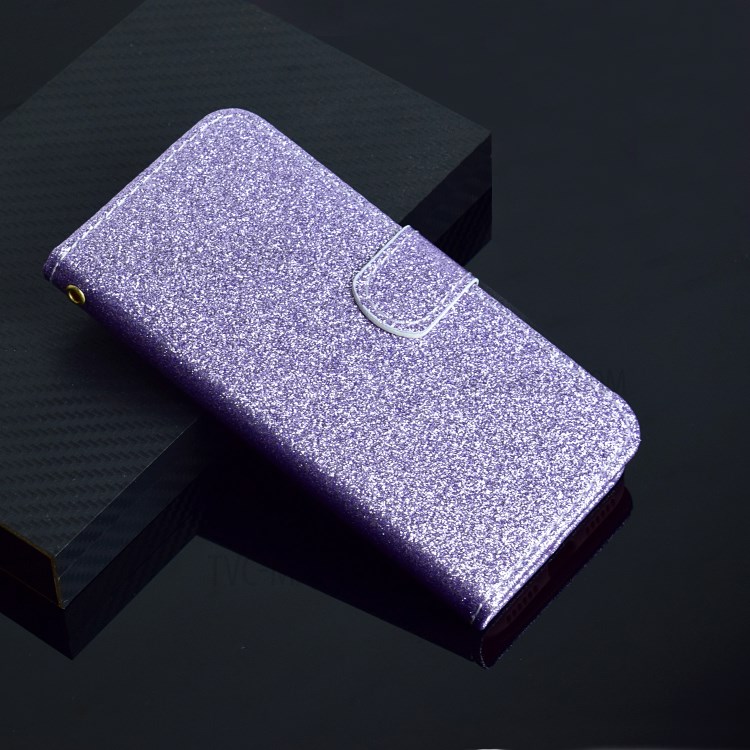 Glitter Powder PU Leather Cellphone Cover Wallet Stand Case with Wrist Strap for Samsung Galaxy S21+ 5G - Purple-9