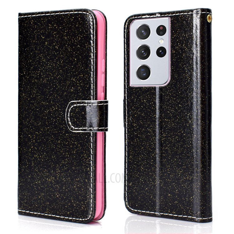 Glitter Powder PU Leather Cover Wallet Stand Case with Carrying Strap for Samsung Galaxy S21 Ultra 5G - Black-1