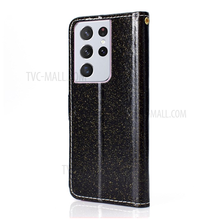 Glitter Powder PU Leather Cover Wallet Stand Case with Carrying Strap for Samsung Galaxy S21 Ultra 5G - Black-3