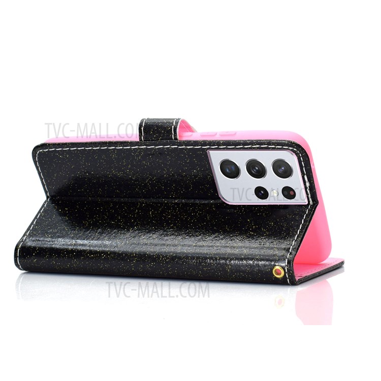 Glitter Powder PU Leather Cover Wallet Stand Case with Carrying Strap for Samsung Galaxy S21 Ultra 5G - Black-4