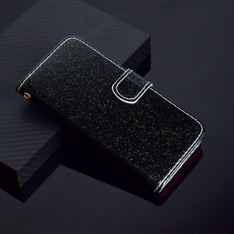 Glitter Powder PU Leather Cover Wallet Stand Case with Carrying Strap for Samsung Galaxy S21 Ultra 5G - Black-9