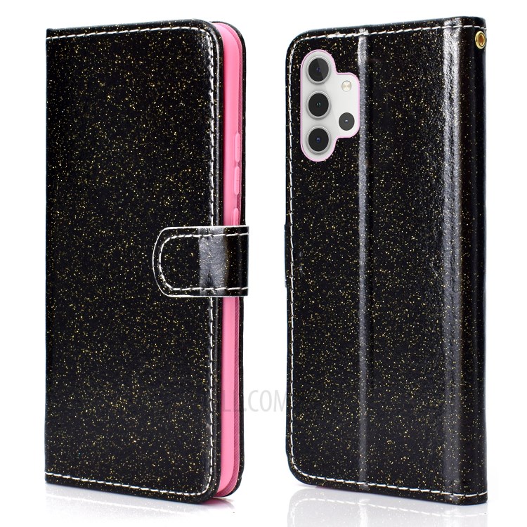 Glitter Powder Cellphone Cover Wallet Stand PU Leather Case for Samsung Galaxy A32 5G - Black-1