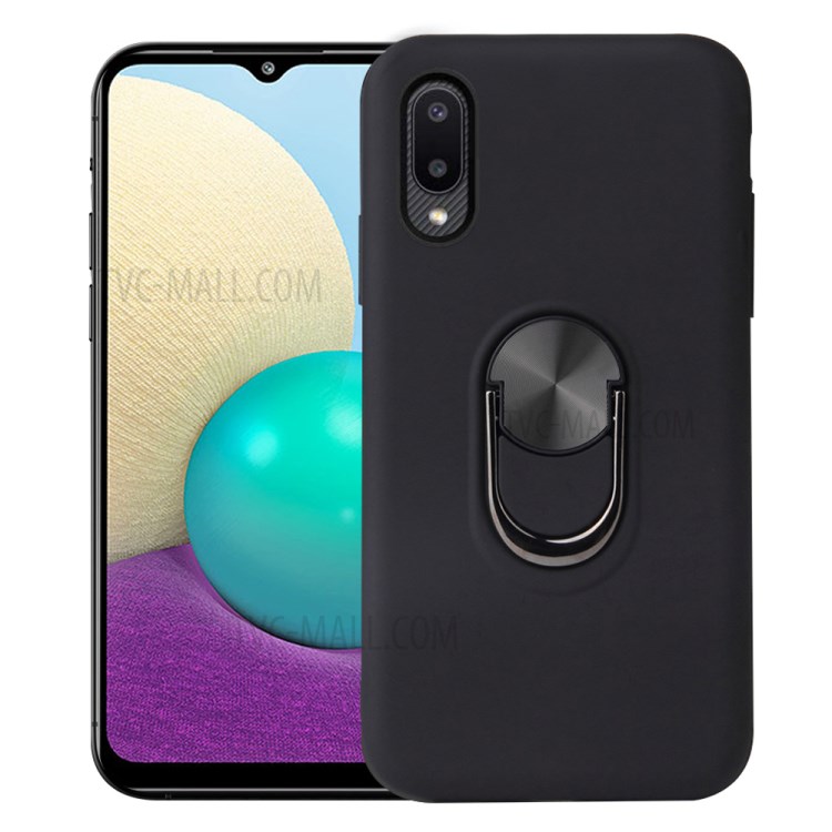 Detachable PC + TPU Hybrid Phone Case with Electroplating Finger Ring Kickstand for Samsung Galaxy A02 - Black-1