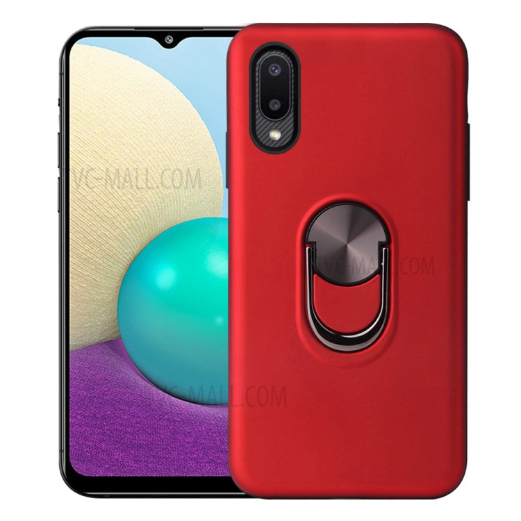 Detachable PC + TPU Hybrid Phone Case with Electroplating Finger Ring Kickstand for Samsung Galaxy A02 - Red-1