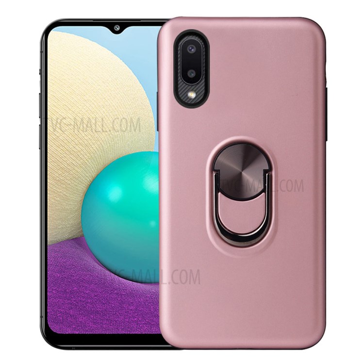 Detachable PC + TPU Hybrid Phone Case with Electroplating Finger Ring Kickstand for Samsung Galaxy A02 - Rose Gold-1