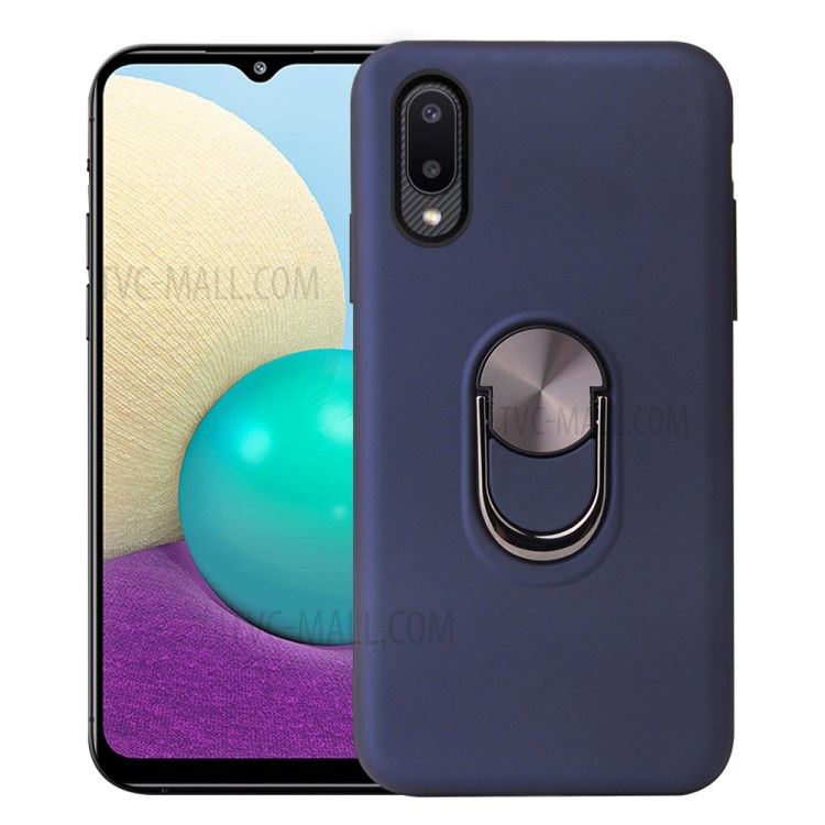 Detachable PC + TPU Hybrid Phone Case with Electroplating Finger Ring Kickstand for Samsung Galaxy A02 - Blue-1
