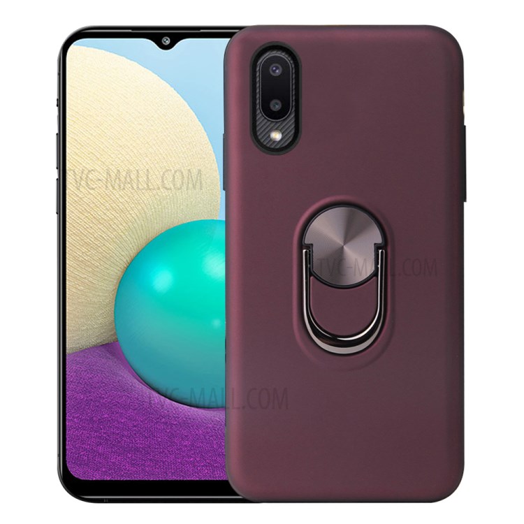 Detachable PC + TPU Hybrid Phone Case with Electroplating Finger Ring Kickstand for Samsung Galaxy A02 - Wine Red-1