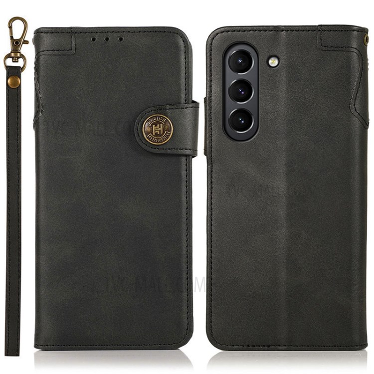 KHAZNEH Shockproof PU Leather Stand Wallet Phone Cover Case with Hand Strap for Samsung Galaxy S21 FE - Black-1
