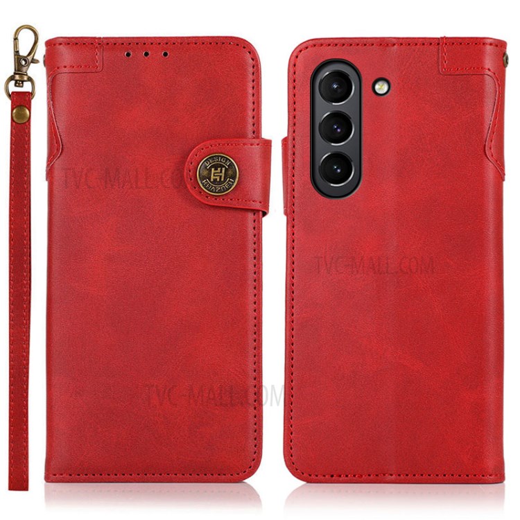 KHAZNEH Shockproof PU Leather Stand Wallet Phone Cover Case with Hand Strap for Samsung Galaxy S21 FE - Red-1