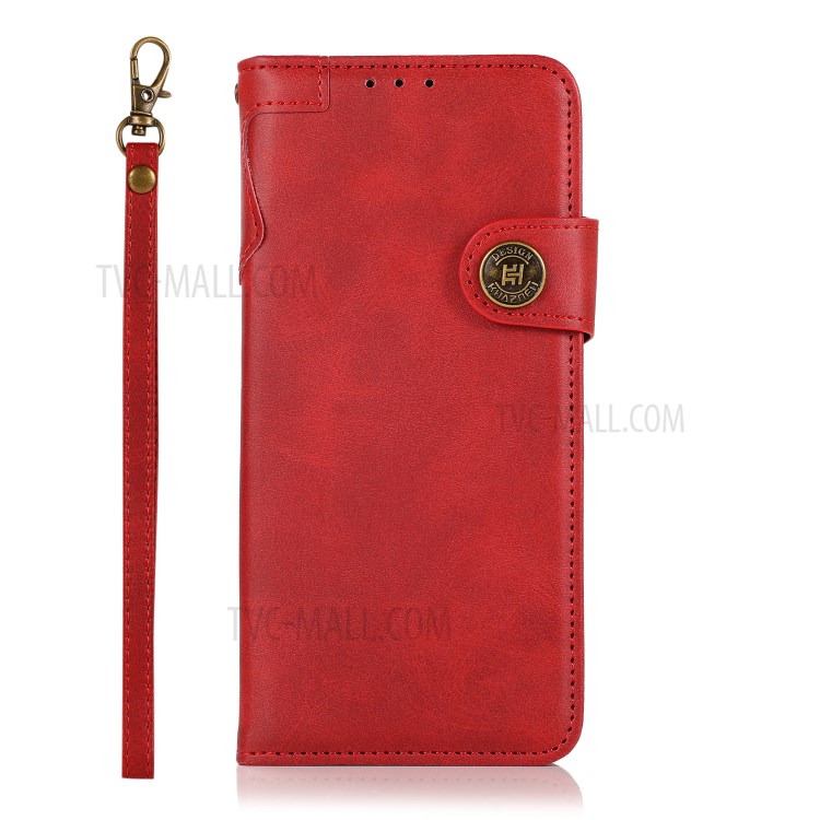 KHAZNEH Shockproof PU Leather Stand Wallet Phone Cover Case with Hand Strap for Samsung Galaxy S21 FE - Red-2