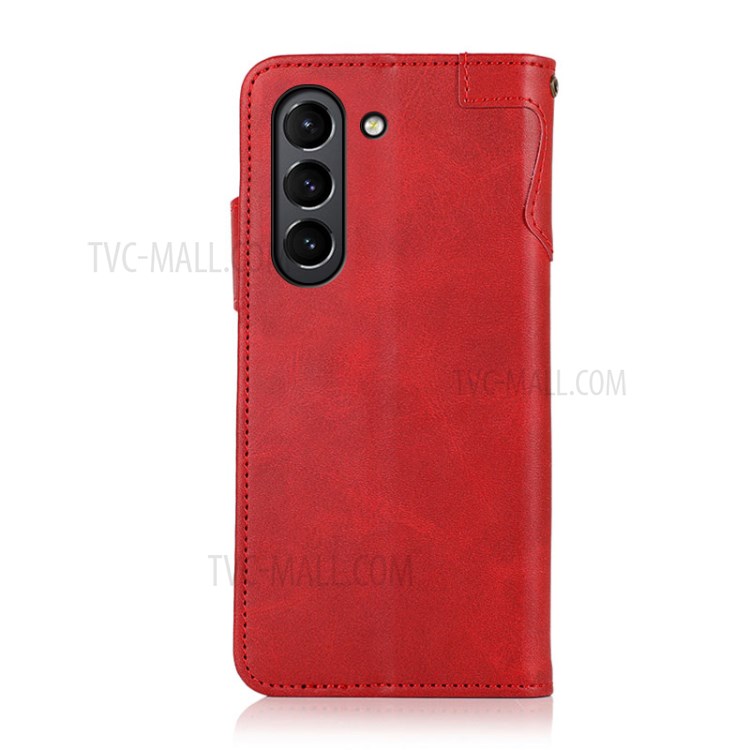 KHAZNEH Shockproof PU Leather Stand Wallet Phone Cover Case with Hand Strap for Samsung Galaxy S21 FE - Red-3
