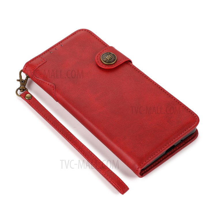 KHAZNEH Shockproof PU Leather Stand Wallet Phone Cover Case with Hand Strap for Samsung Galaxy S21 FE - Red-4