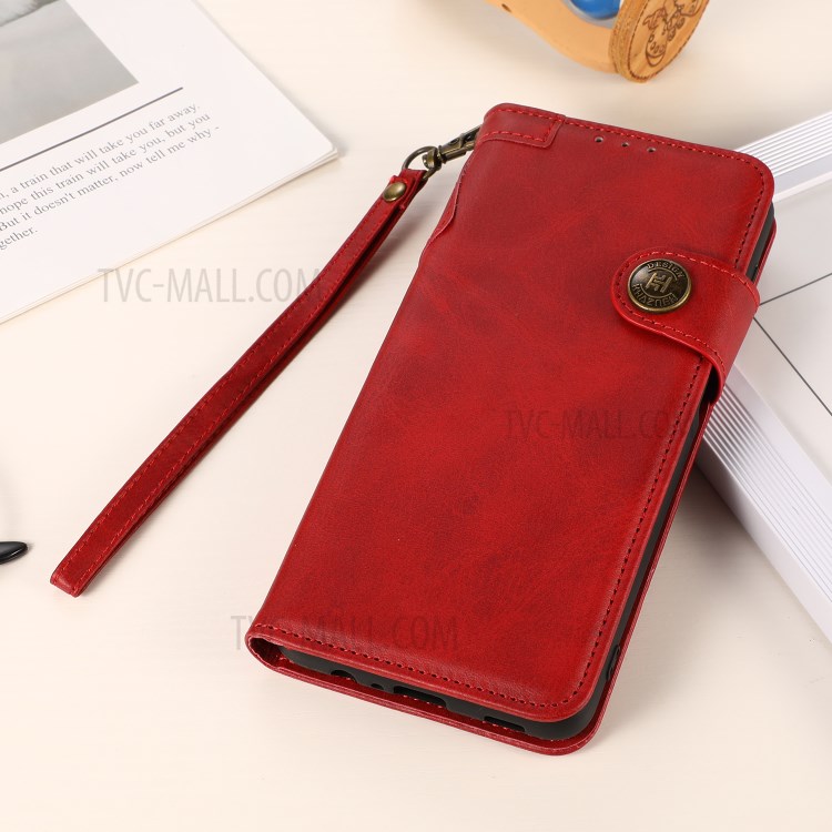 KHAZNEH Shockproof PU Leather Stand Wallet Phone Cover Case with Hand Strap for Samsung Galaxy S21 FE - Red-9