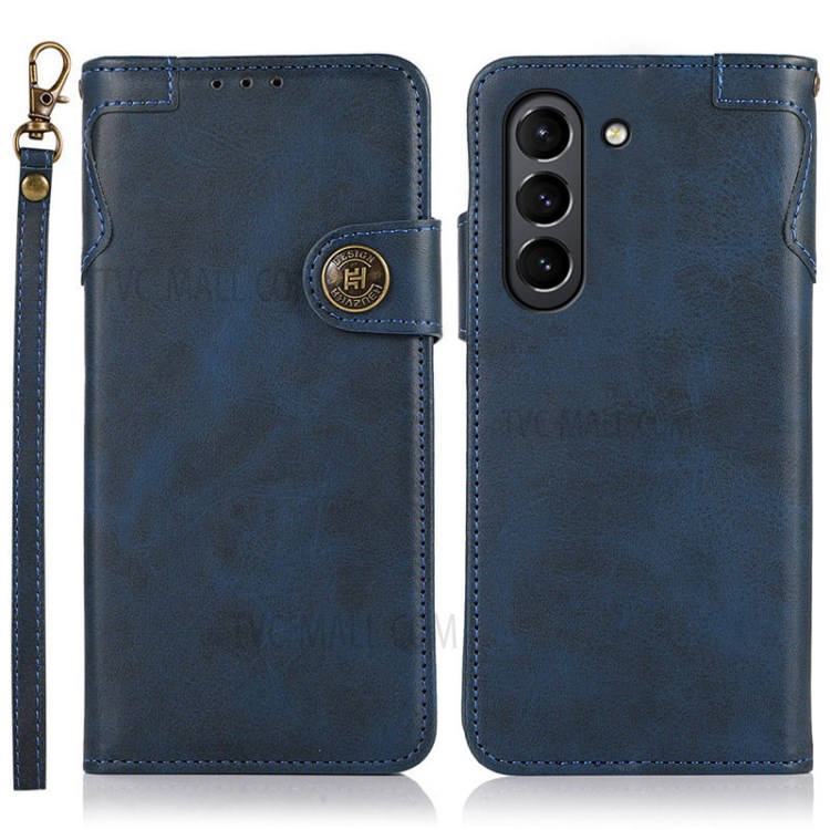 KHAZNEH Shockproof PU Leather Stand Wallet Phone Cover Case with Hand Strap for Samsung Galaxy S21 FE - Blue-1