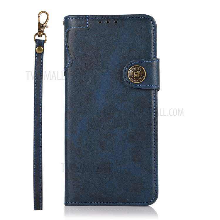 KHAZNEH Shockproof PU Leather Stand Wallet Phone Cover Case with Hand Strap for Samsung Galaxy S21 FE - Blue-2
