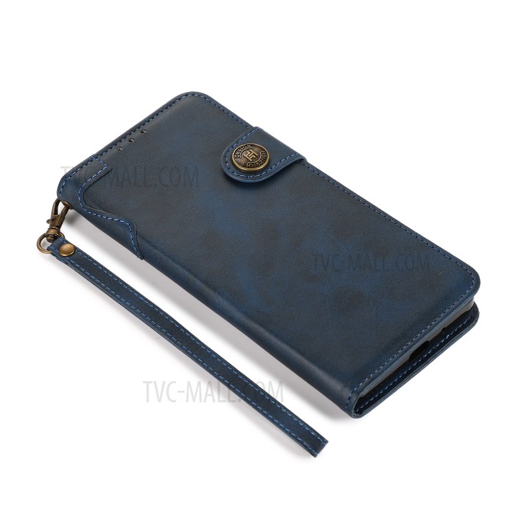 KHAZNEH Shockproof PU Leather Stand Wallet Phone Cover Case with Hand Strap for Samsung Galaxy S21 FE - Blue-4