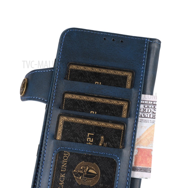 KHAZNEH Shockproof PU Leather Stand Wallet Phone Cover Case with Hand Strap for Samsung Galaxy S21 FE - Blue-7