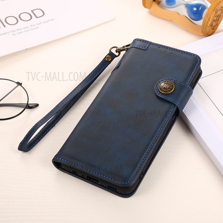 KHAZNEH Shockproof PU Leather Stand Wallet Phone Cover Case with Hand Strap for Samsung Galaxy S21 FE - Blue-9