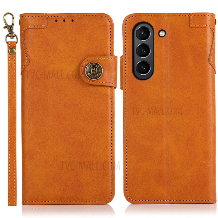 KHAZNEH Shockproof PU Leather Stand Wallet Phone Cover Case with Hand Strap for Samsung Galaxy S21 FE - Brown-1