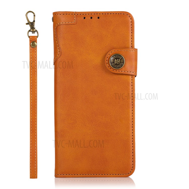 KHAZNEH Shockproof PU Leather Stand Wallet Phone Cover Case with Hand Strap for Samsung Galaxy S21 FE - Brown-2