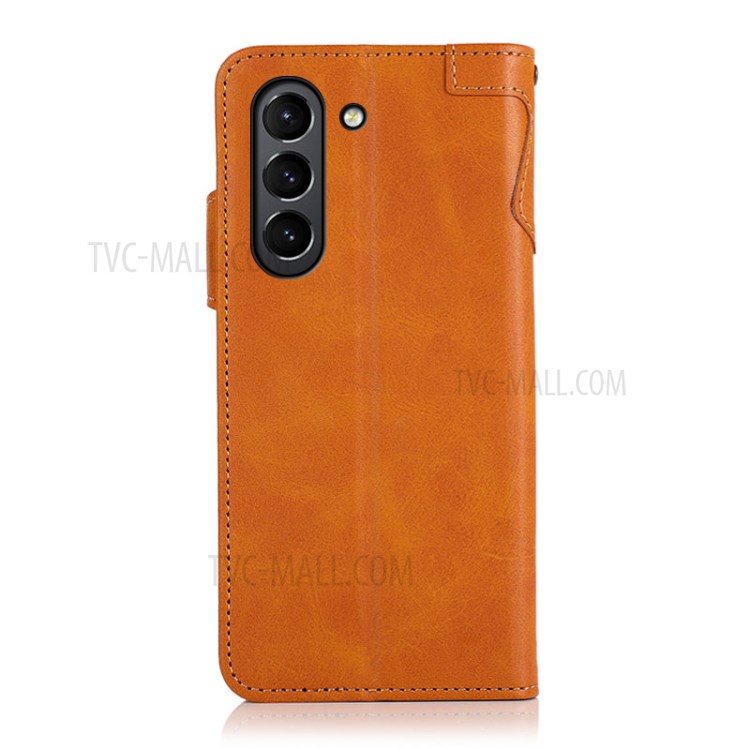 KHAZNEH Shockproof PU Leather Stand Wallet Phone Cover Case with Hand Strap for Samsung Galaxy S21 FE - Brown-3