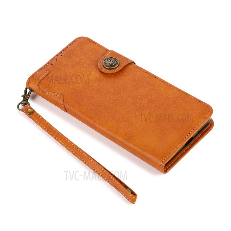KHAZNEH Shockproof PU Leather Stand Wallet Phone Cover Case with Hand Strap for Samsung Galaxy S21 FE - Brown-4