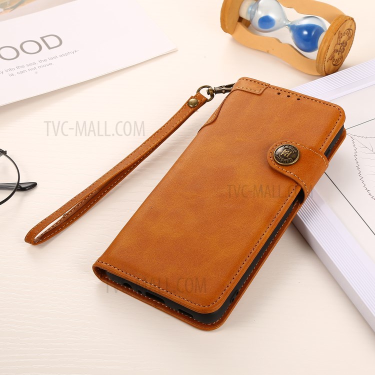 KHAZNEH Shockproof PU Leather Stand Wallet Phone Cover Case with Hand Strap for Samsung Galaxy S21 FE - Brown-9