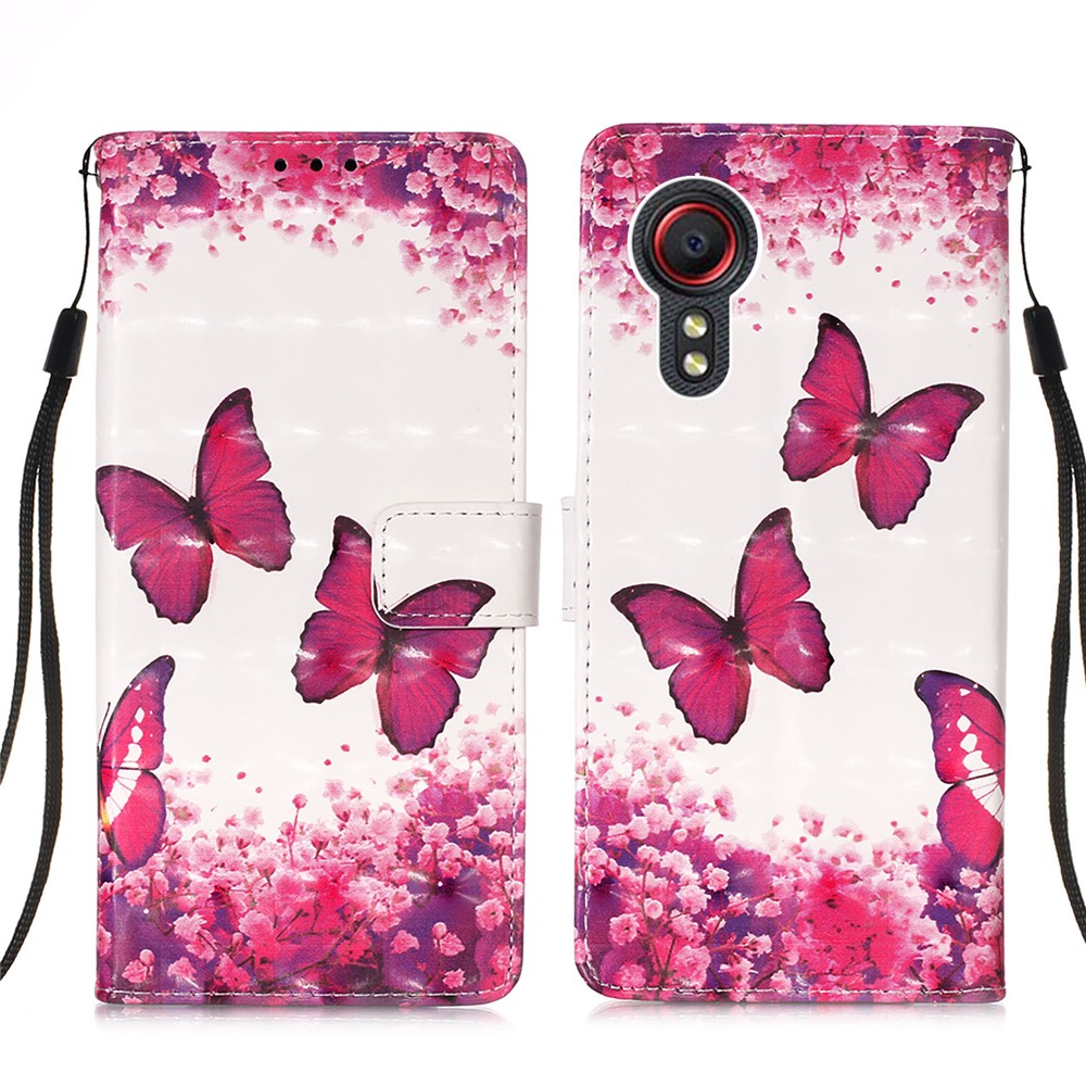 Lanyard Design Leather Phone Pattern Printing Design Case with Wallet and Stand for Samsung Galaxy Xcover 5 - Rose Butterfly-1
