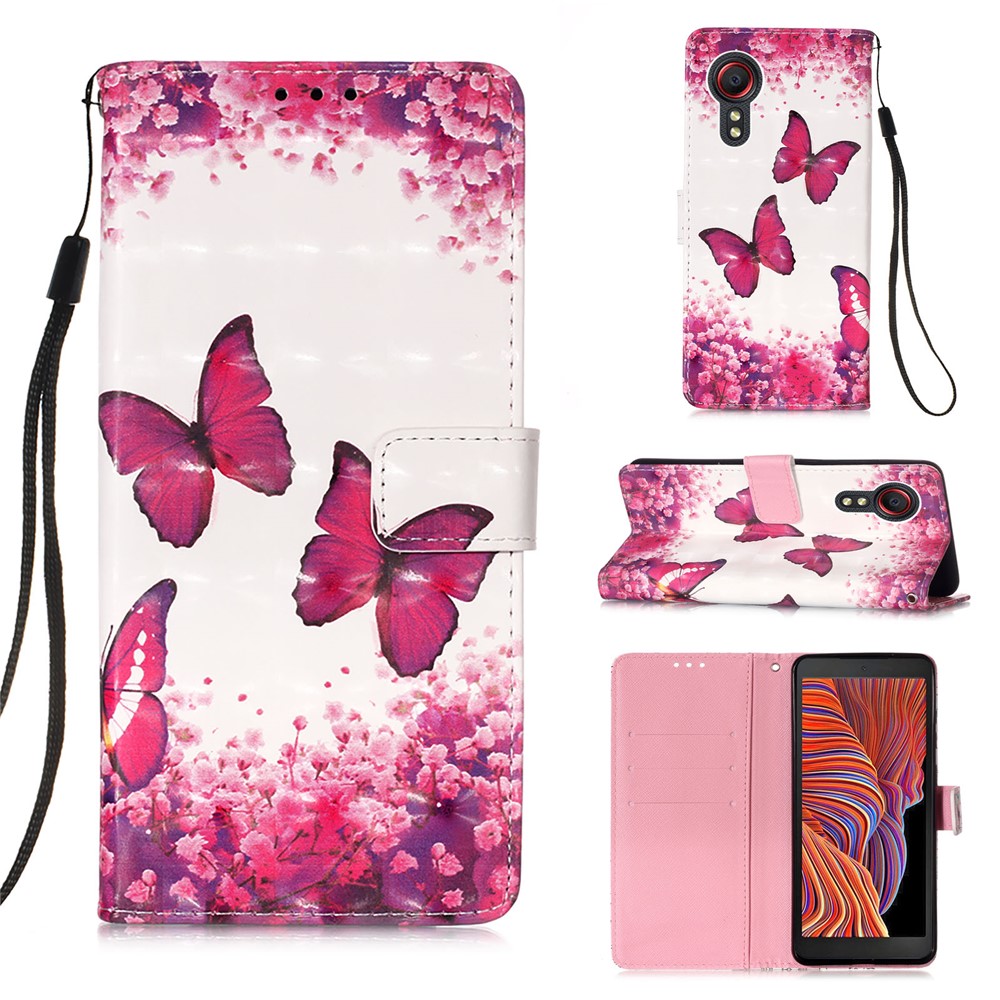 Lanyard Design Leather Phone Pattern Printing Design Case with Wallet and Stand for Samsung Galaxy Xcover 5 - Rose Butterfly-9