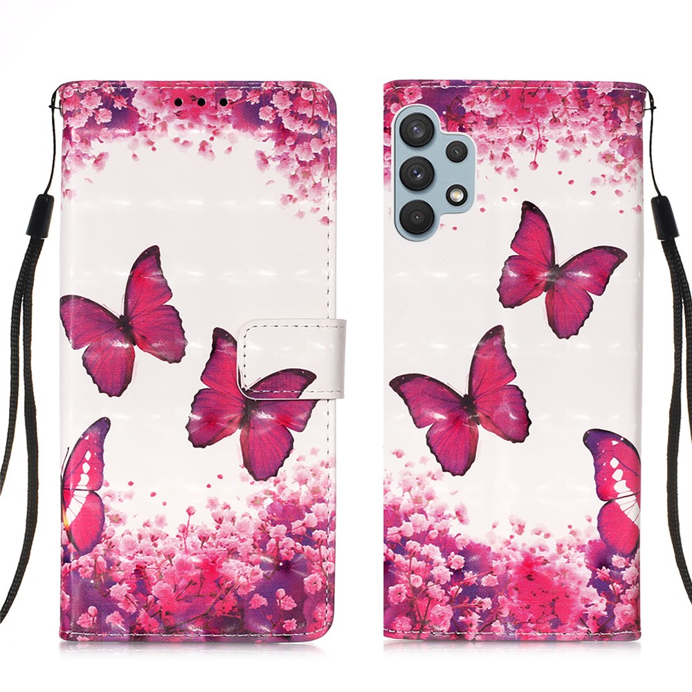 Pattern Printing Design Leather Wallet Phone Stand Case with Lanyard for Samsung Galaxy A32 4G (EU Version) - Rose Butterfly-1