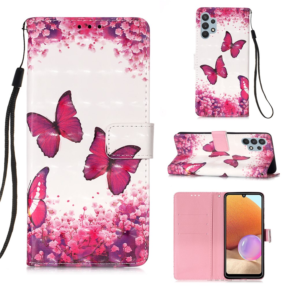 Pattern Printing Design Leather Wallet Phone Stand Case with Lanyard for Samsung Galaxy A32 4G (EU Version) - Rose Butterfly-9