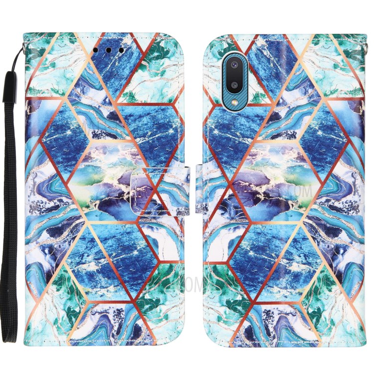 Wallet Design Leather Stand Case Cover with Marble Splicing Pattern Printing for Samsung Galaxy A02/M02 - Blue/Green-1