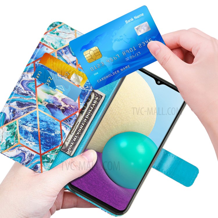 Wallet Design Leather Stand Case Cover with Marble Splicing Pattern Printing for Samsung Galaxy A02/M02 - Blue/Green-6