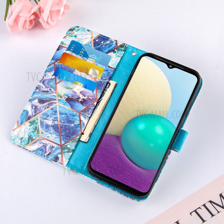 Wallet Design Leather Stand Case Cover with Marble Splicing Pattern Printing for Samsung Galaxy A02/M02 - Blue/Green-7