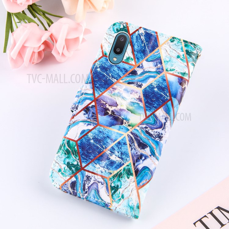 Wallet Design Leather Stand Case Cover with Marble Splicing Pattern Printing for Samsung Galaxy A02/M02 - Blue/Green-9