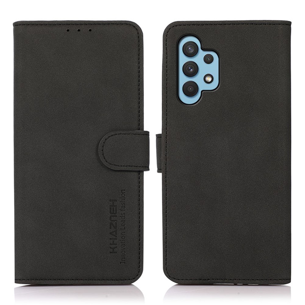 KHAZNEH Textured Surface Wallet Leather Phone Stand Cover Case for Samsung Galaxy A32 5G - Black-1