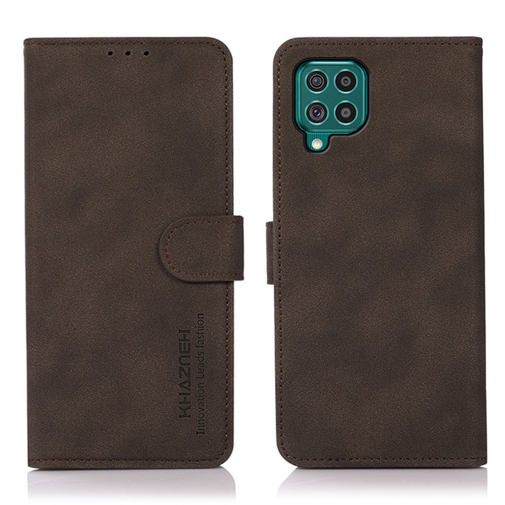 KHAZNEH Textured Phone Case Stand Wallet Leather Cover Case for Samsung Galaxy F62 / Galaxy M62 - Brown-1