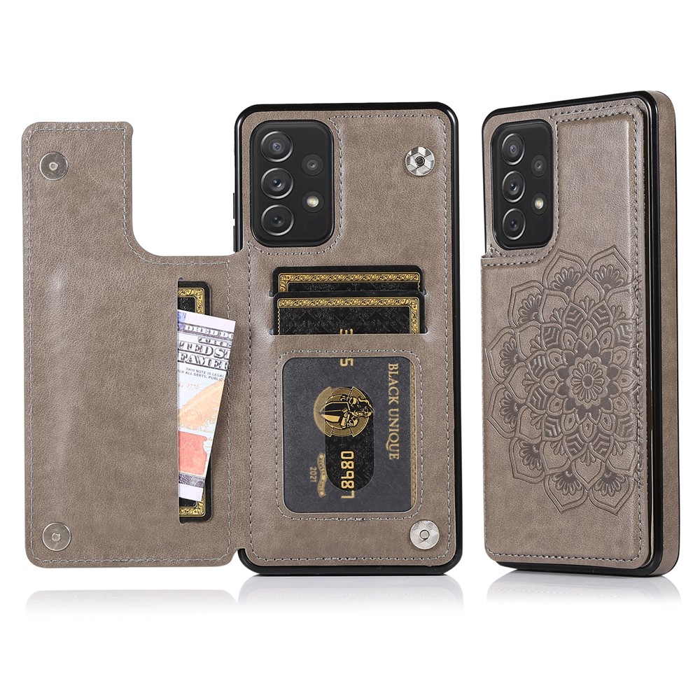 Imprint Mandala Flower for Samsung Galaxy A72 4G/5G PU Leather + TPU Hybrid Kickstand Mobile Phone Case - Grey-1