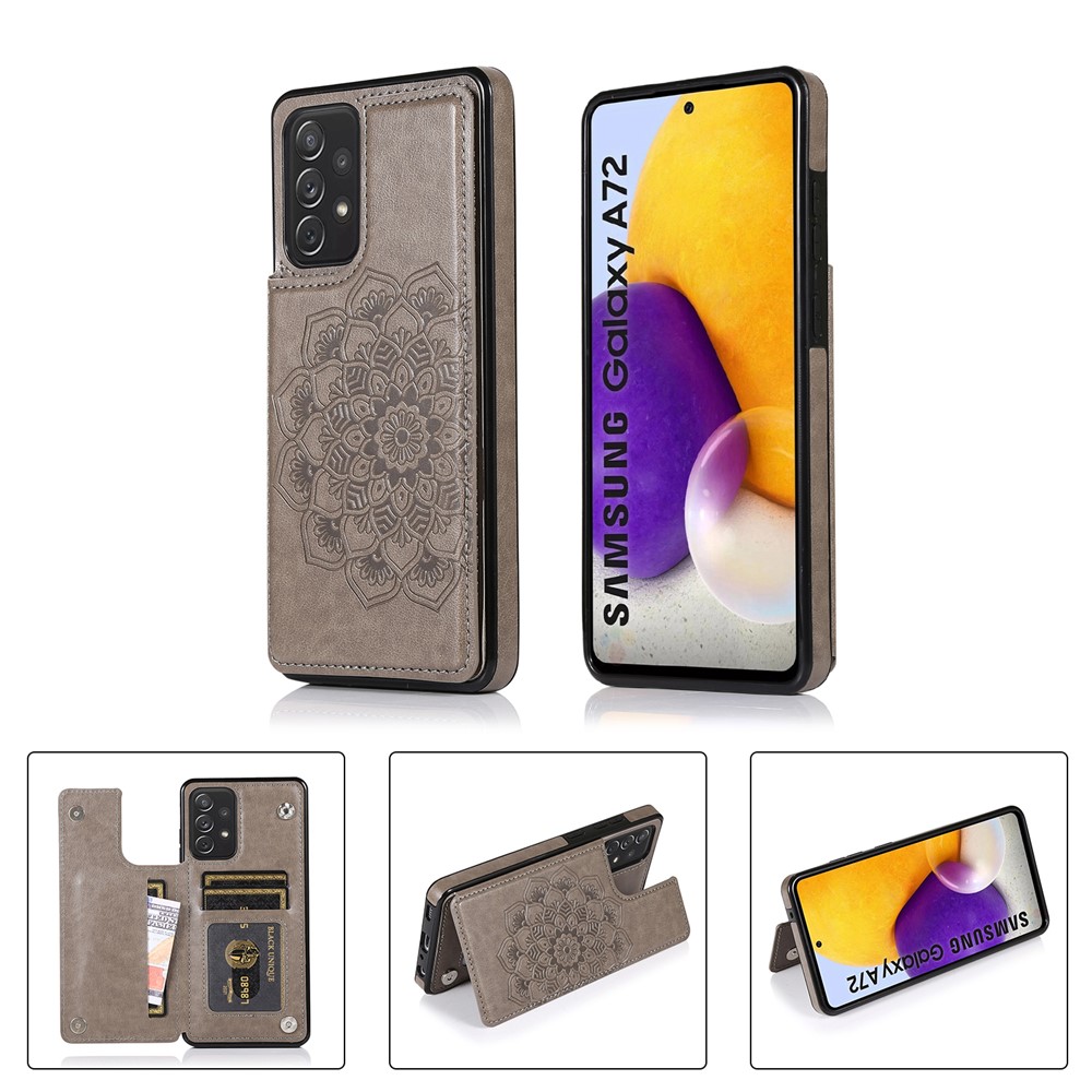 Imprint Mandala Flower for Samsung Galaxy A72 4G/5G PU Leather + TPU Hybrid Kickstand Mobile Phone Case - Grey-8