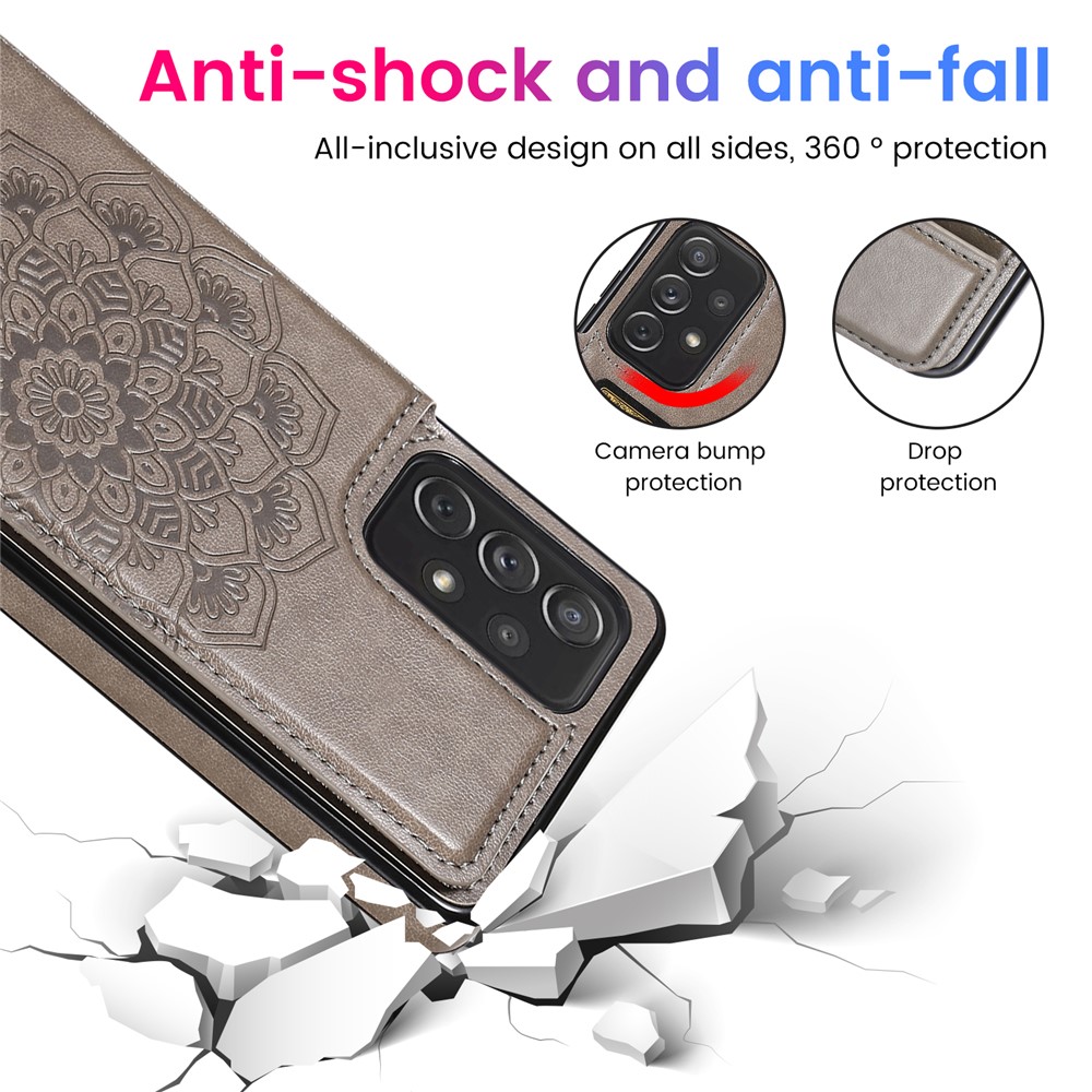 Imprint Mandala Flower for Samsung Galaxy A72 4G/5G PU Leather + TPU Hybrid Kickstand Mobile Phone Case - Grey-9