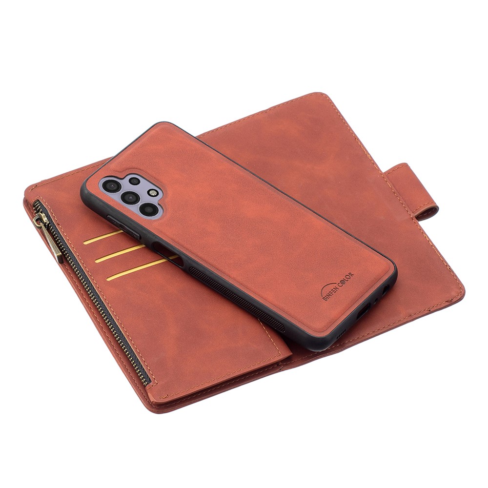 BF02 Silky Touch Skin Detachable 2-in-1 Leather Case Zipper Pocket Wallet Design Cover for Samsung Galaxy A32 5G - Brown-2
