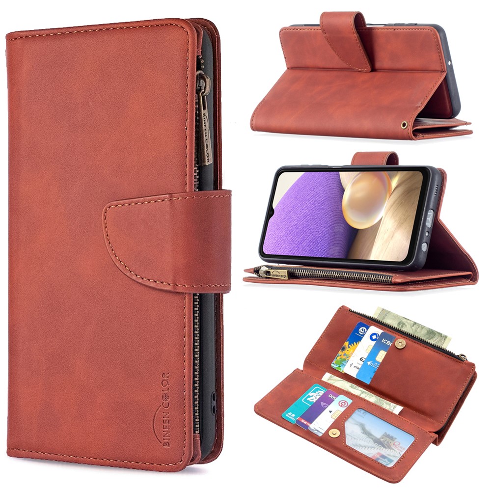 BF02 Silky Touch Skin Detachable 2-in-1 Leather Case Zipper Pocket Wallet Design Cover for Samsung Galaxy A32 5G - Brown-9