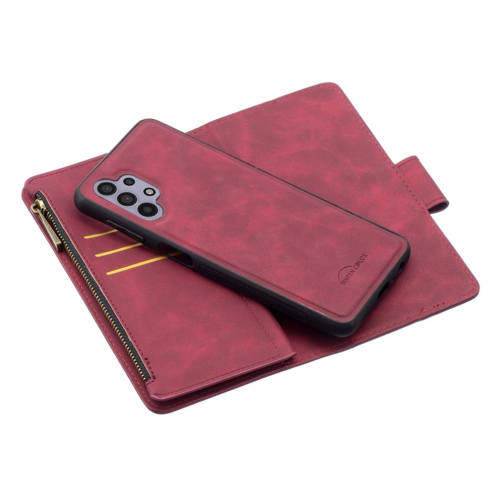 BF02 Silky Touch Skin Detachable 2-in-1 Leather Case Zipper Pocket Wallet Design Cover for Samsung Galaxy A32 5G - Red-2