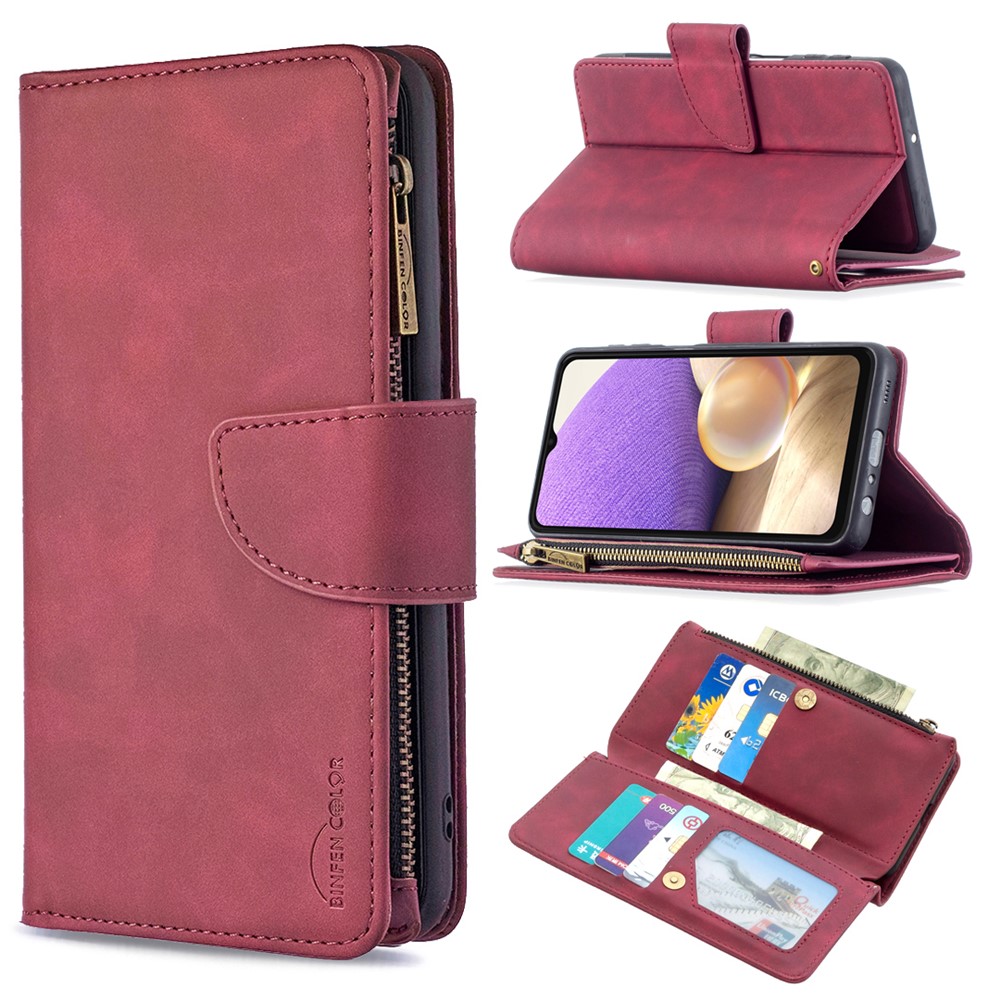BF02 Silky Touch Skin Detachable 2-in-1 Leather Case Zipper Pocket Wallet Design Cover for Samsung Galaxy A32 5G - Red-9