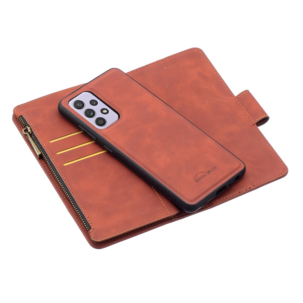 BF02 Silky Touch Skin Detachable 2-in-1 Leather Wallet Phone Case Shell with Zipper Pocket for Samsung Galaxy A52 5G/4G - Brown-3