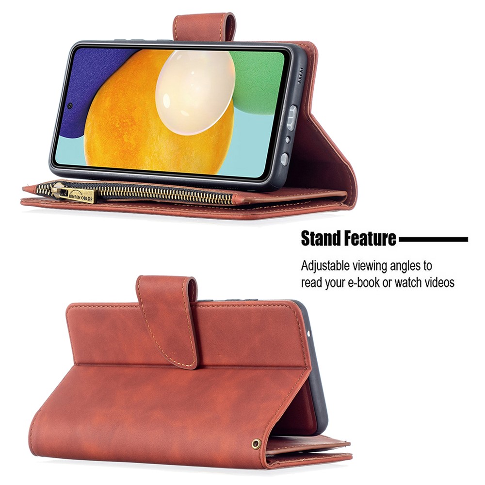 BF02 Silky Touch Skin Detachable 2-in-1 Leather Wallet Phone Case Shell with Zipper Pocket for Samsung Galaxy A52 5G/4G - Brown-5