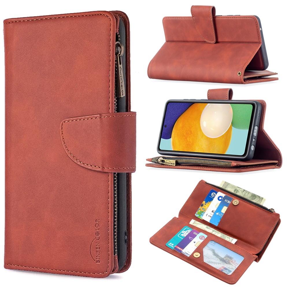 BF02 Silky Touch Skin Detachable 2-in-1 Leather Wallet Phone Case Shell with Zipper Pocket for Samsung Galaxy A52 5G/4G - Brown-9
