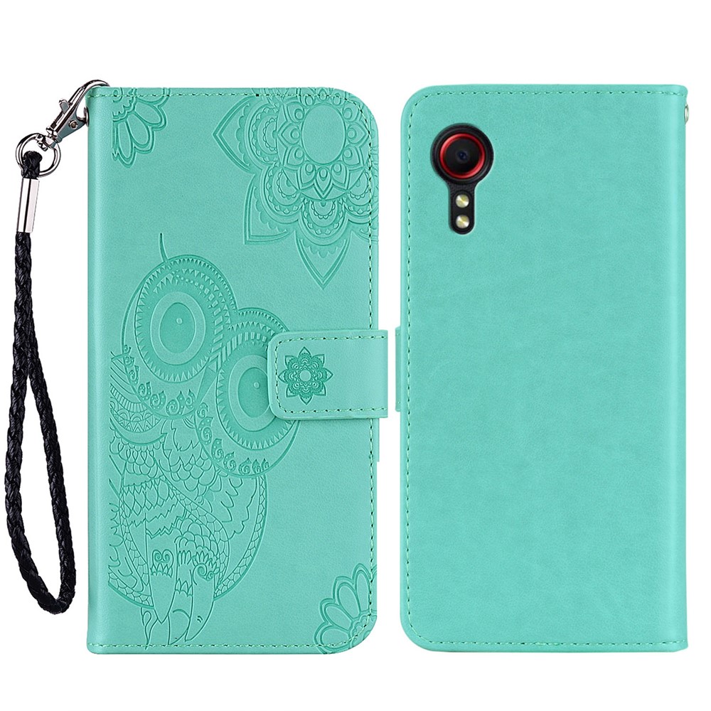 Owl & Flower Imprinted Leather Wallet Stand Phone Case for Samsung Galaxy Xcover 5 - Cyan-1