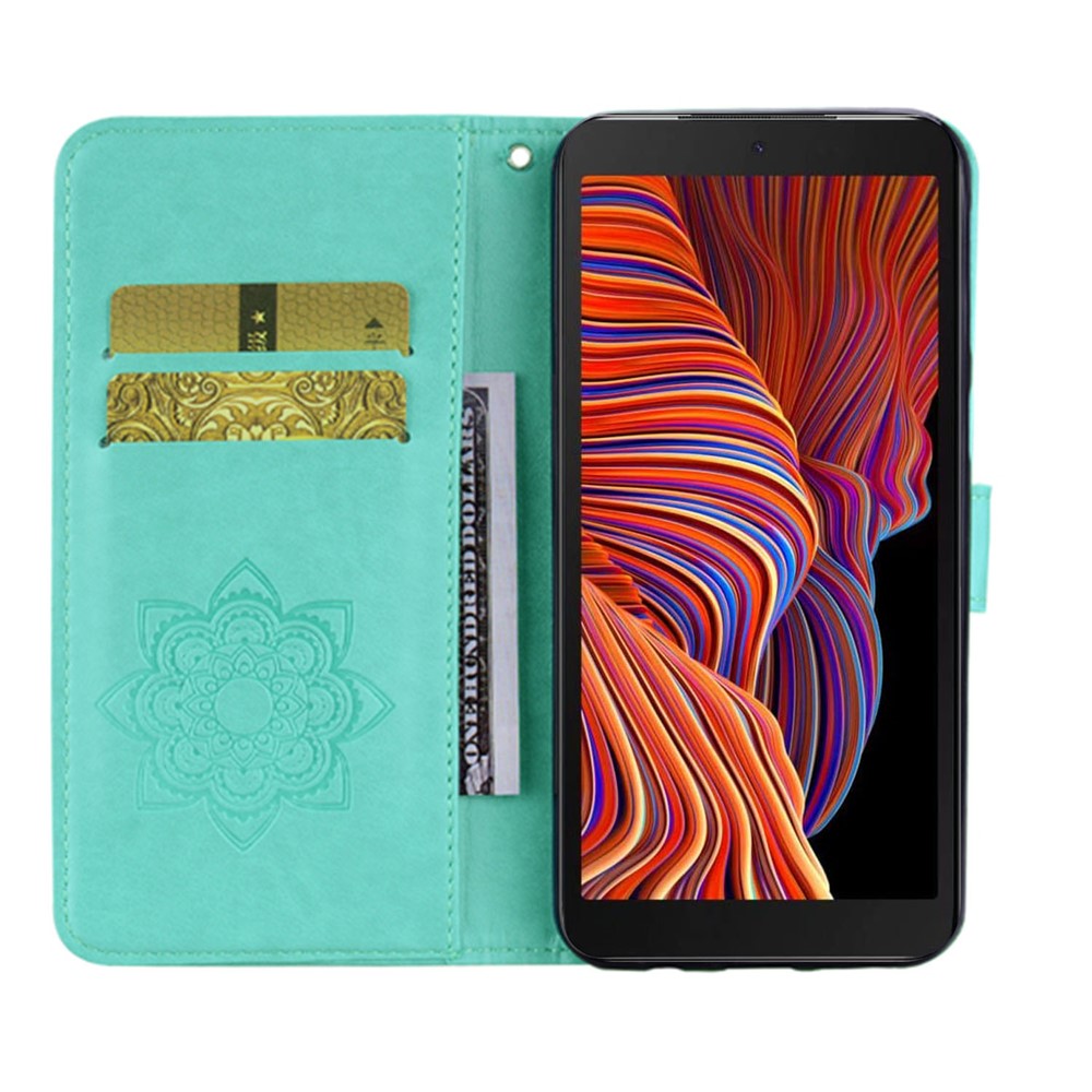 Owl & Flower Imprinted Leather Wallet Stand Phone Case for Samsung Galaxy Xcover 5 - Cyan-5
