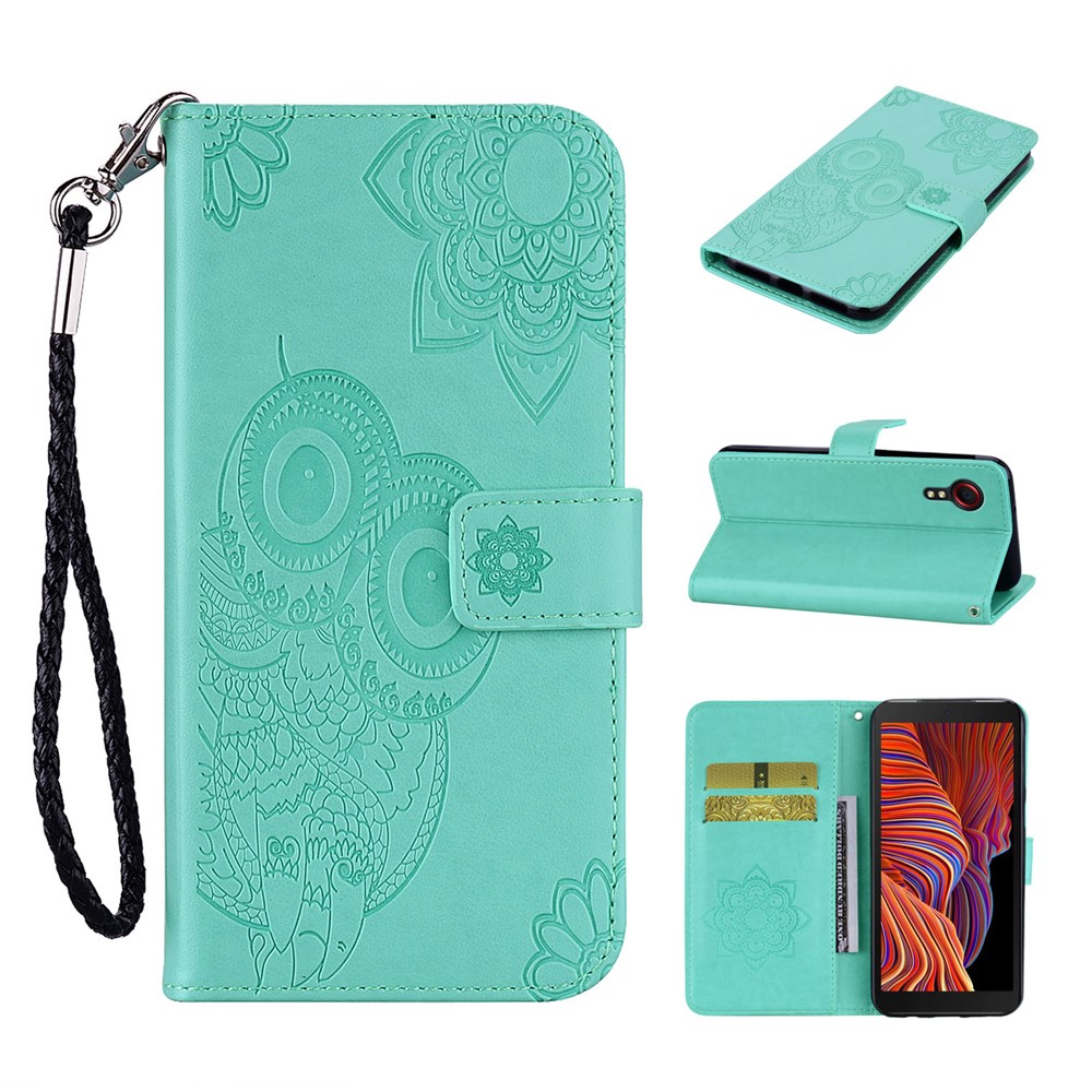 Owl & Flower Imprinted Leather Wallet Stand Phone Case for Samsung Galaxy Xcover 5 - Cyan-8